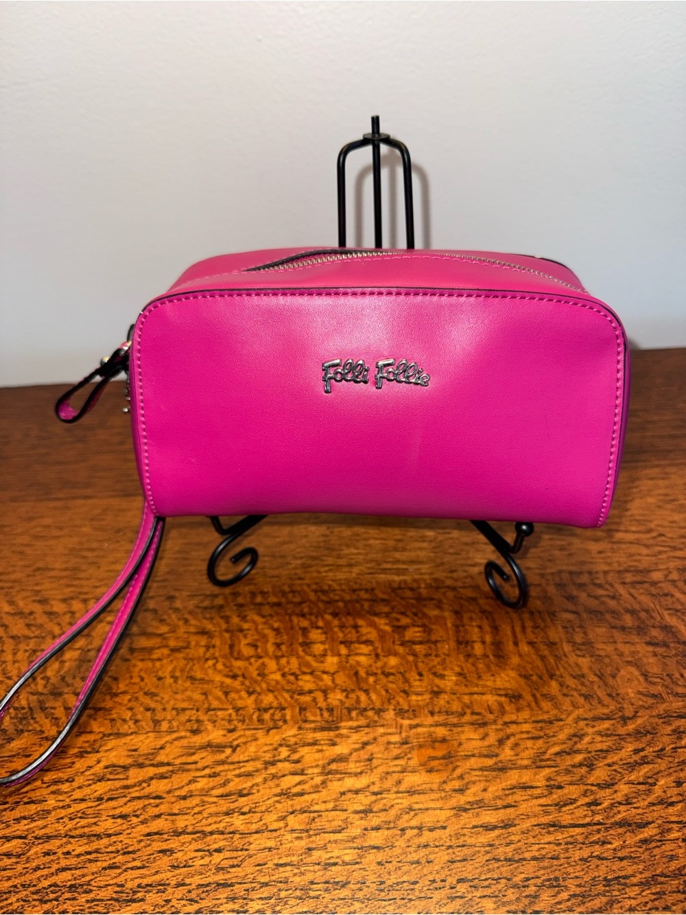Folli Follie Hot Pink Vegan Leather Wristlet Cosmetic Pouch Clutch - Picture 1 of 8